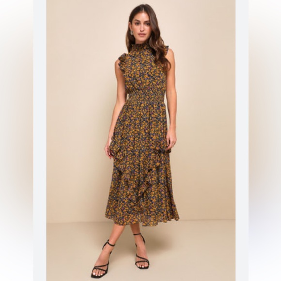 Lulus Mustard Purple Floral Ruffle Midi Dress XL - Picture 1 of 9